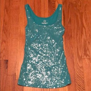 Old Navy clear sequin detail teal tank top